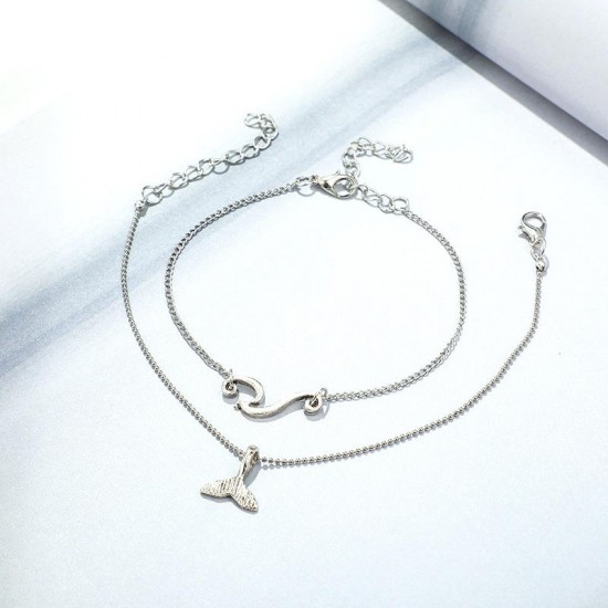 Bohemian Double-layer Silver Anklets Wavy Mermaid Tail Pendant Chain Anklet Vintage Jewelry