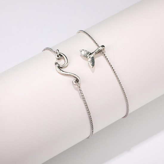 Bohemian Double-layer Silver Anklets Wavy Mermaid Tail Pendant Chain Anklet Vintage Jewelry