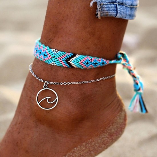 Bohemian Handmade Charm Anklet Fashion Braided Rope Hollow Geometric Pendant Anklet Jewelry For Girl