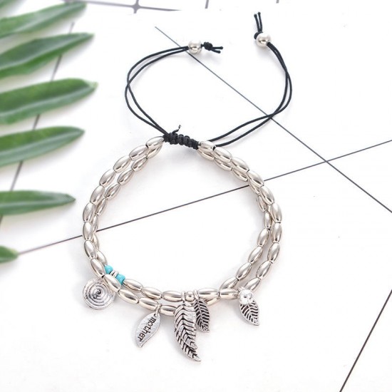 Bohemian Silver Anklet Leaves Pendant Beads Bracelet Barefoot Sandals Beach Foot Jewelry for Women