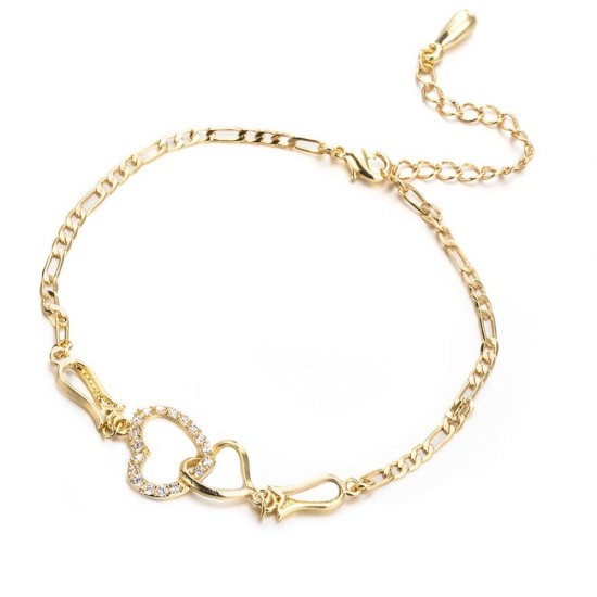 Fashion Anklet Accessories Double Zircon Hearts Copper Gold Plated Chain Anklets Jewelry for Women