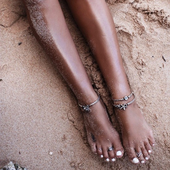 Vintage Antique Silver Anklet Women Starfish Rune Beaded Bracelet Ankle Boho Foot Jewelry
