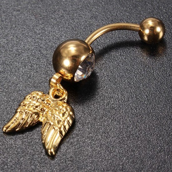 Golden Angel Wings Crystal Navel Belly Button Ring Body Piercing