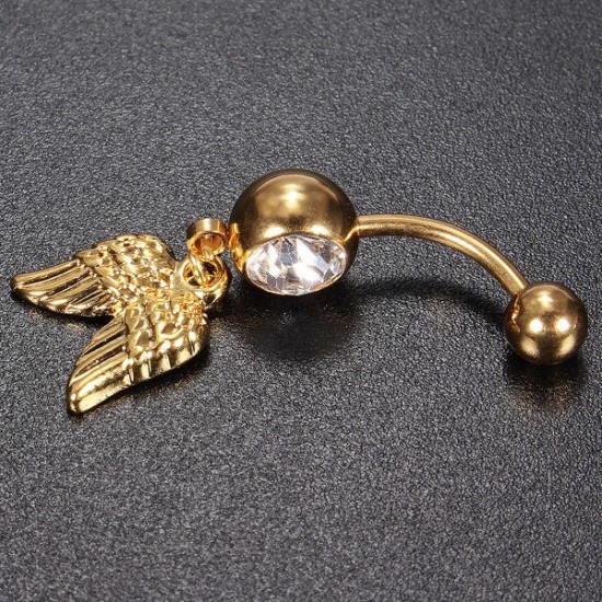 Golden Angel Wings Crystal Navel Belly Button Ring Body Piercing