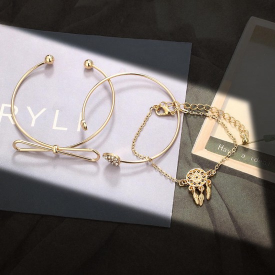 3Pcs Trendy Bracelet Sets Bowknot Rhinestones Heart Feather Gold Bangle for Women 3Pcs Trendy Bracelet Sets Bowknot Rhinestones Heart Feather Gold Bangle for Women