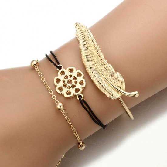 3Pcs Trendy Bracelet Sets Feather Heart Gold Bangle Open-end Charming Bracelets for Women