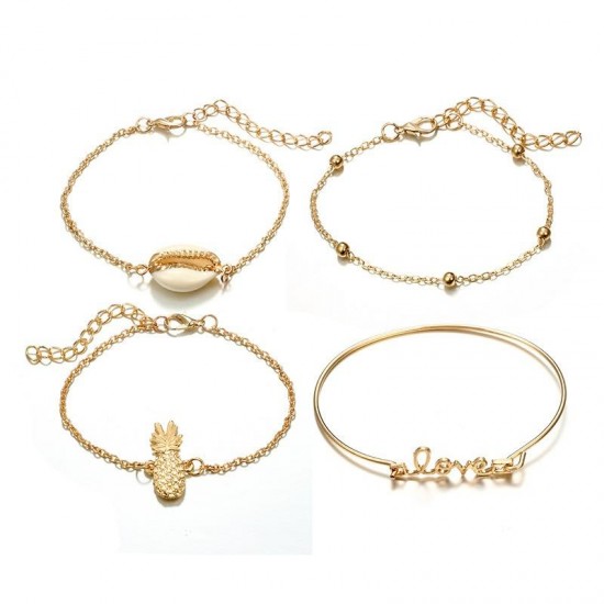 4 Pcs Gold Women Bracelet Set Casual Fashion Style Fruits Bracelet Shell Letter Pendant Bracelet