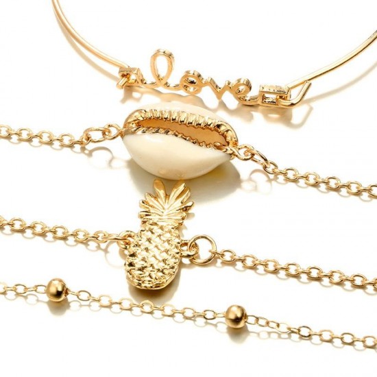 4 Pcs Gold Women Bracelet Set Casual Fashion Style Fruits Bracelet Shell Letter Pendant Bracelet