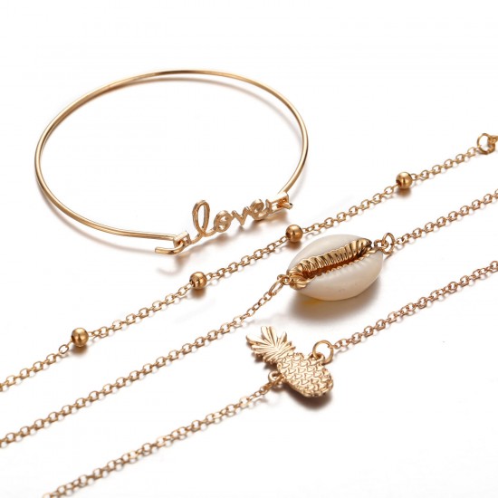 4 Pcs Gold Women Bracelet Set Casual Fashion Style Fruits Bracelet Shell Letter Pendant Bracelet