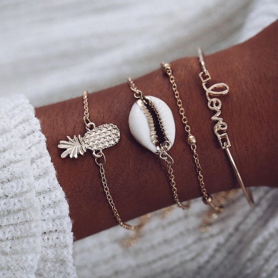 4 Pcs Gold Women Bracelet Set Casual Fashion Style Fruits Bracelet Shell Letter Pendant Bracelet