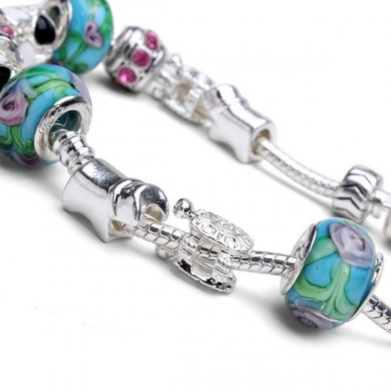 Antique Silver Love Letters Flower Crystal Glass Beads Bracelet