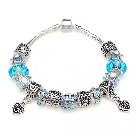 Blue Murano Glass Beads Crystal Bracelet 925 Silver Plated