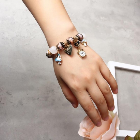 Bohemia Crystal Glass Beaded Bracelet Heart Clock Charm Bangles Hand Chain for Women