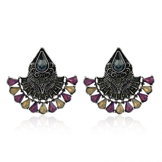 1 Pair Bohemian Crystal Rhinestones Fan Shaped Water Drop Retro Earrings for Women