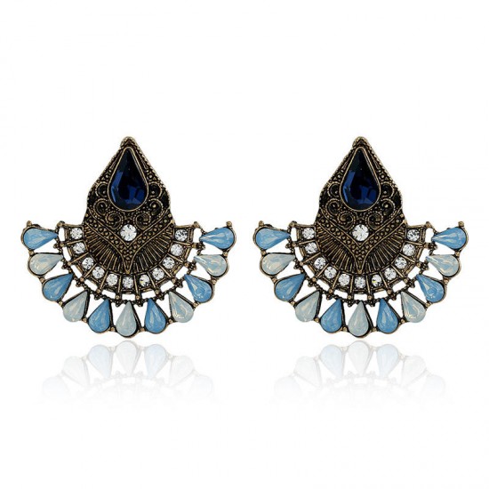 1 Pair Bohemian Crystal Rhinestones Fan Shaped Water Drop Retro Earrings for Women