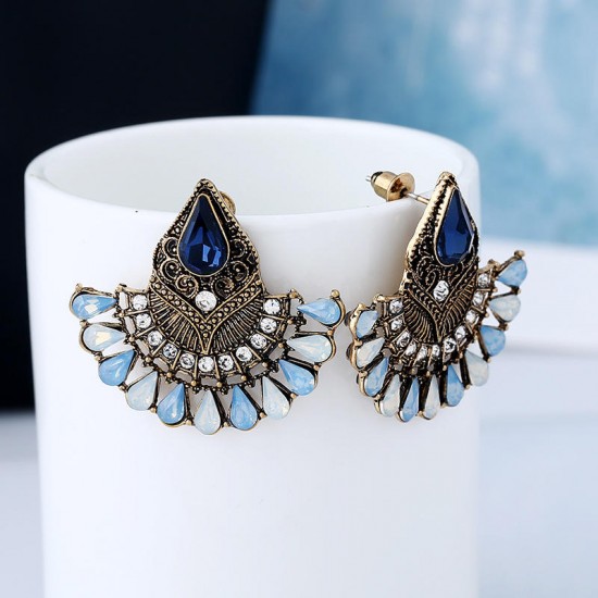 1 Pair Bohemian Crystal Rhinestones Fan Shaped Water Drop Retro Earrings for Women