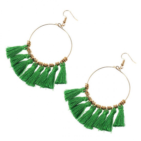 1 Pair Bohemian Sector Shape Tassel Pendant Big Hoop Dangle Earrings for Women