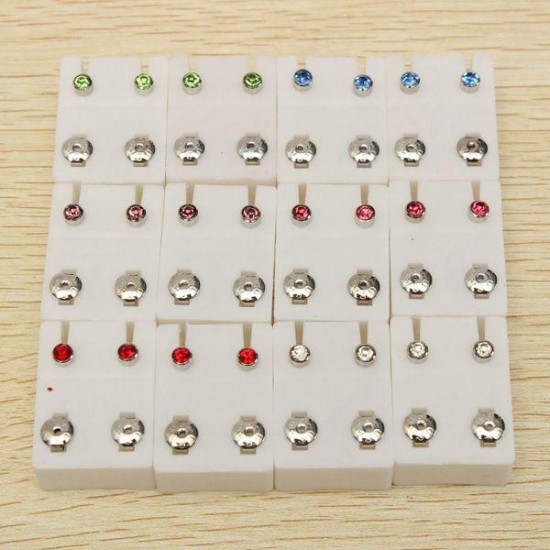 12 Pairs Rhinestone Round Steel Earrings Ear Studs Women Men