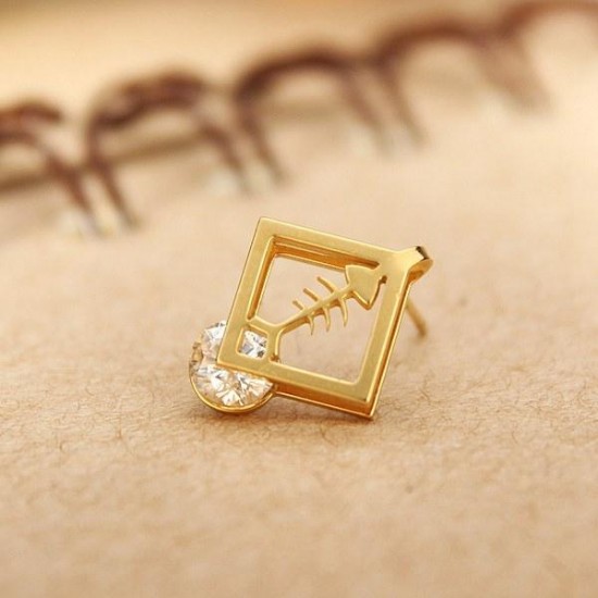 1pc Square Fish Bone Zircon Crystal Stud Earrings Gold Silver Plated