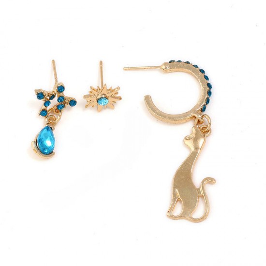 3 Pcs/set Cute Cat with Stars Earrings Blue Rhinestone Piercing Stud Earring Set for Women