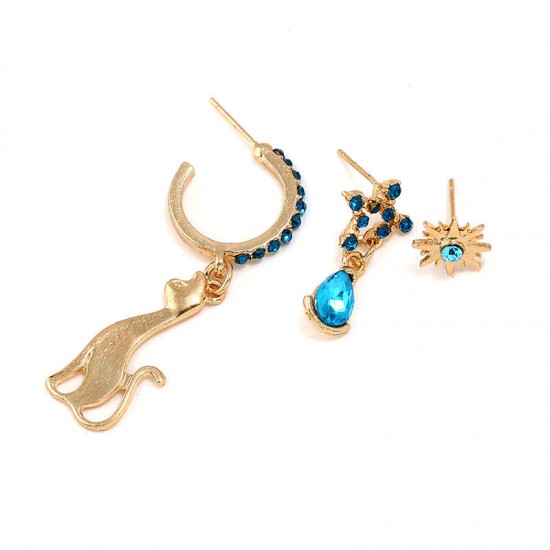 3 Pcs/set Cute Cat with Stars Earrings Blue Rhinestone Piercing Stud Earring Set for Women