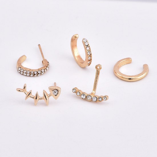 4Pcs Geometric Gold Earring Set Fish Bone Rhinestones Ear Stud Ear Clip Earrings for Women