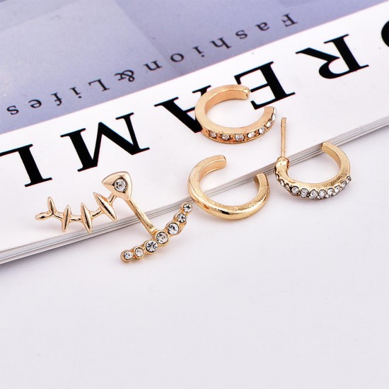 4Pcs Geometric Gold Earring Set Fish Bone Rhinestones Ear Stud Ear Clip Earrings for Women