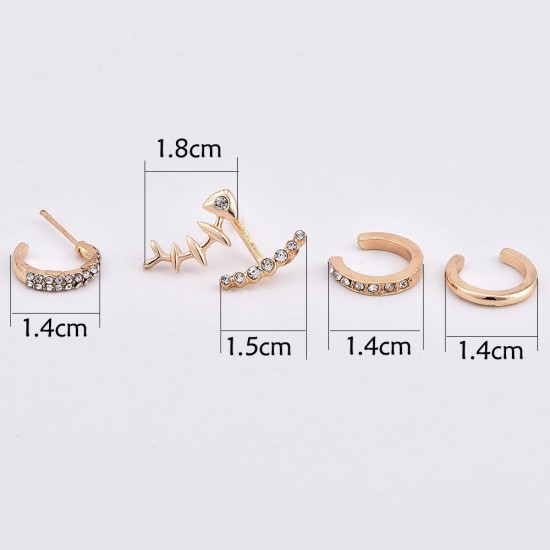 4Pcs Geometric Gold Earring Set Fish Bone Rhinestones Ear Stud Ear Clip Earrings for Women