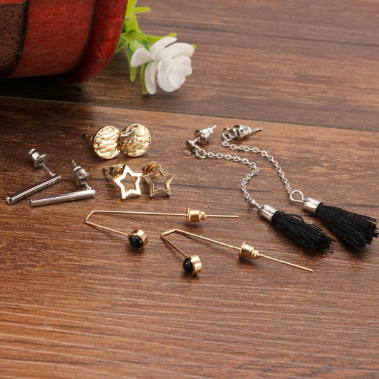 5 Pairs Of Earrings Tassels Stars Rhinestone Cylinder Women Earring Set