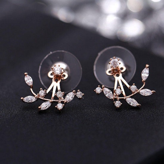 925 Silver Needle Leaves Cubic Zircon Crystal Stud Earrings For Women