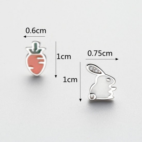 925 Sterling Silver Cute Asymmetric Rabbit Carrot Stud Earrings Trendy Zirconia Piercing Earring