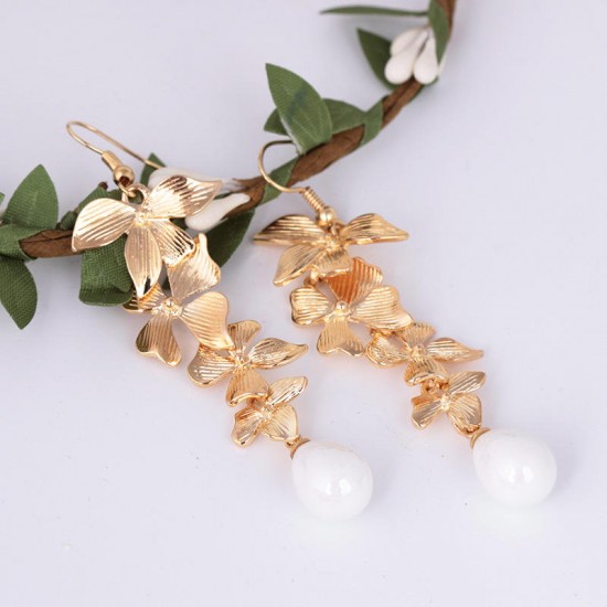 Sweet Ear Drop Earring Gold leaves Oval Beaded Pendant Artificial Peal Earrings Jewelry for Women