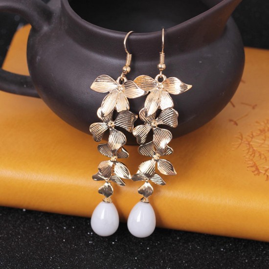 Sweet Ear Drop Earring Gold leaves Oval Beaded Pendant Artificial Peal Earrings Jewelry for Women