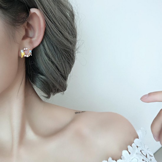 Sweet Ear Stud Earring Coloful Flower Birds Teapot Asymmetric Earrings Ethnic Jewelry for Women