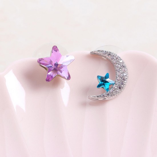 Unique Asymmetric Ear Stud Earring Luxury Micro Paved Zirconia Crystal Star Moon Piercing Earrings Unique Asymmetric Ear Stud Earring Luxury Micro Paved Zirconia Crystal Star Moon Piercing Earrings