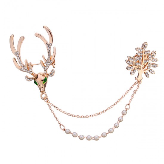 Crystal Deer Green Eyes Tree Artificial Pearl Gift Christmas Brooches
