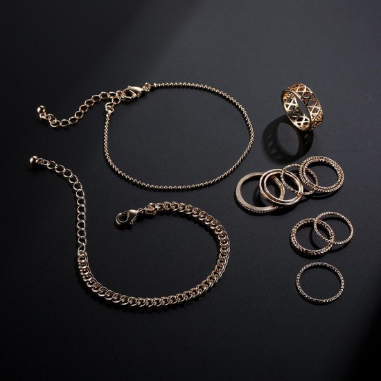 12 Pcs of Gold Plated Hollow Rings Chain Bracelets Jewelry Set