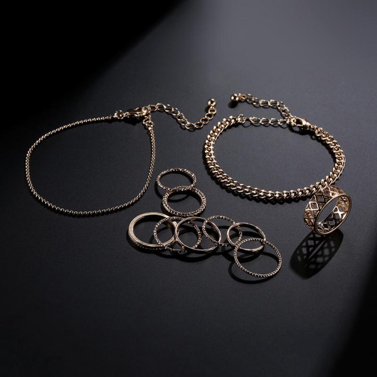 12 Pcs of Gold Plated Hollow Rings Chain Bracelets Jewelry Set