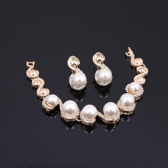 18K Gold Plated Necklace Pearl Earrings Ring Rhinestone Wedding Party Jewelry Set for Women