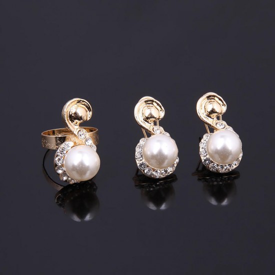 18K Gold Plated Necklace Pearl Earrings Ring Rhinestone Wedding Party Jewelry Set for Women