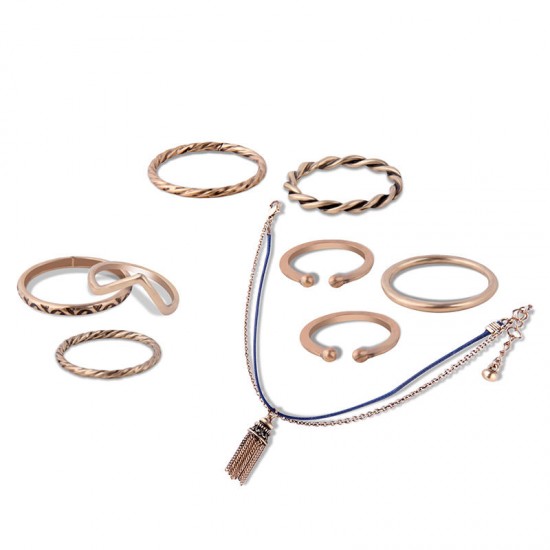 9 Pcs of Gold Silver Plated Rings Women Tassels Bracelets Jewelry Set