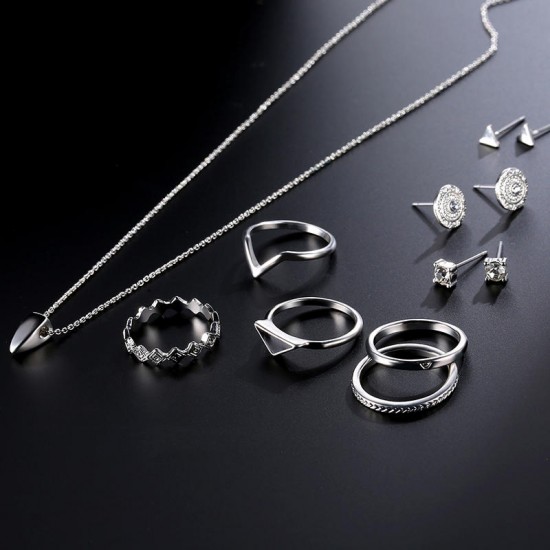 9 Pcs of Silver Plated Rings Crystal Earrings Geometric Necklace Jewelry Set