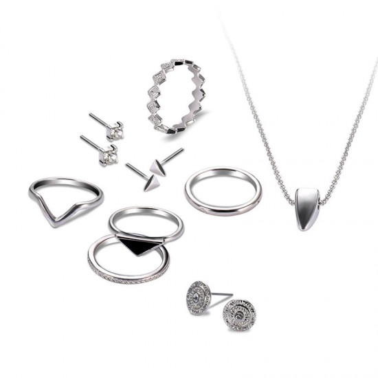 9 Pcs of Silver Plated Rings Crystal Earrings Geometric Necklace Jewelry Set