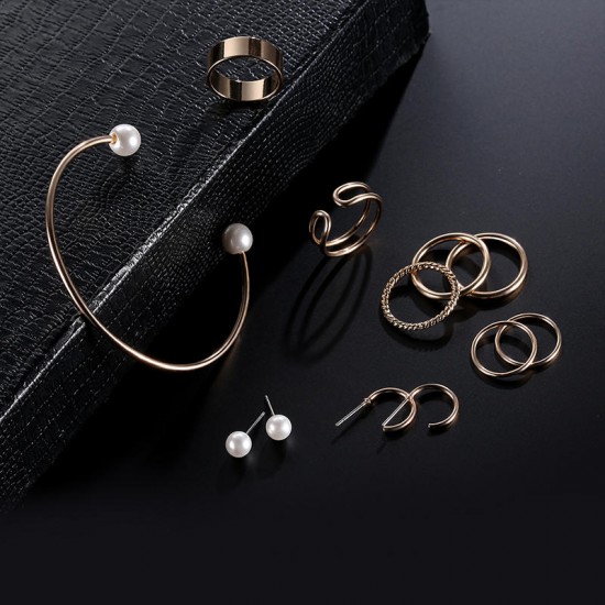 9 Pcs of Trendy Rings Artificial Pearl Earrings Bracelet Women Jewelry Set