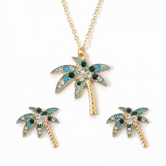 African Coconut Tree Earring Necklace Set Rhinestone Tropical Style Jewelry Set For Women