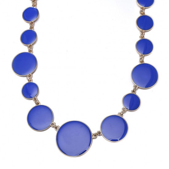 Blue Enamel Round Flat Necklace Earrings Jewelry Set Simple Style for Women