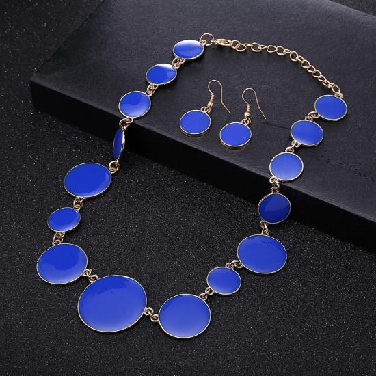 Blue Enamel Round Flat Necklace Earrings Jewelry Set Simple Style for Women