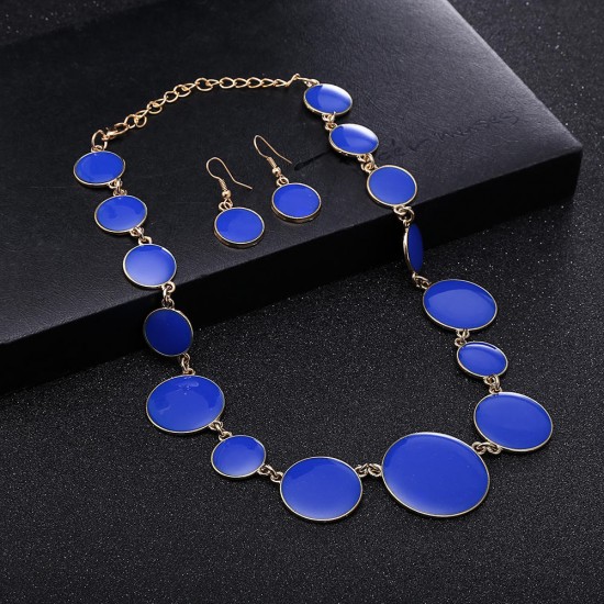 Blue Enamel Round Flat Necklace Earrings Jewelry Set Simple Style for Women