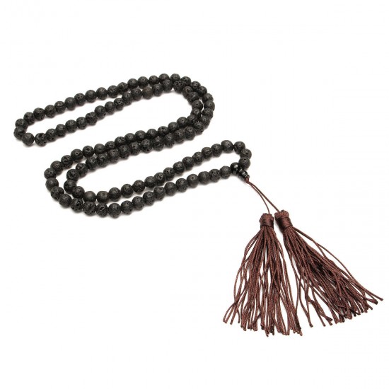 8mm Black Round Volcano Stone Beads Buddhist Necklace Unisex
