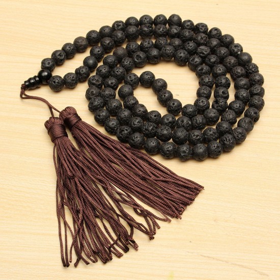 8mm Black Round Volcano Stone Beads Buddhist Necklace Unisex